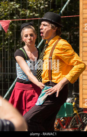 Traveling pantomime company called `Tarkabarka` show in Sopron, Hungary on May 27th 2017. Expressions: exhibitionist and apathetic Stock Photo